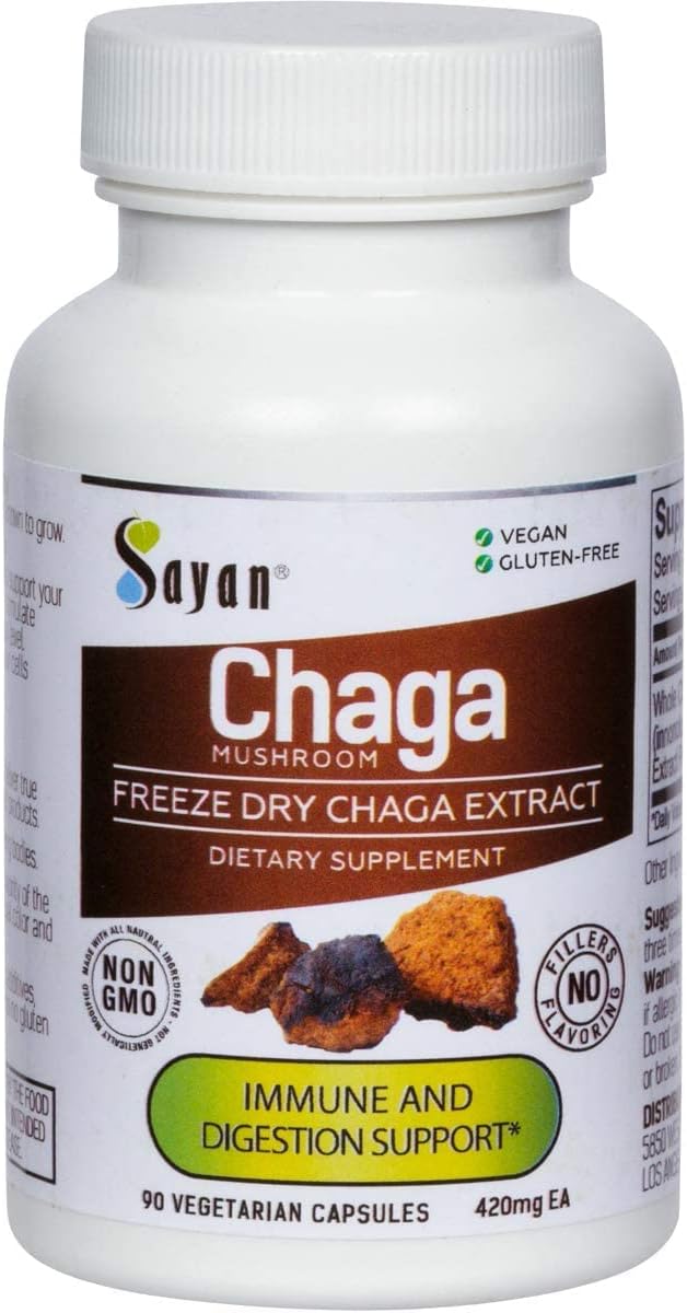 Sayan Siberian Chaga Mushroom Extract – 90 Capsules/420mg ea – Natural &amp Wild-Harvest Antioxidant Supplement – Immune System Support &amp Regulate Body Functions – Vegan Non-GMO No Fillers or A