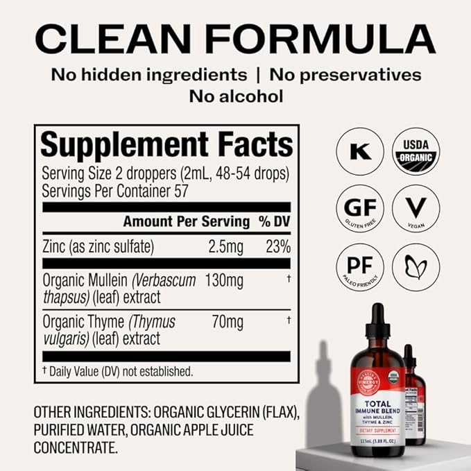 Vimergy USDA Organic Total Immune Blend* Liquid Supplement 57 Servings Fast-Absorbing Immune Support – All-Season Zinc Thyme and Mullein Drops Non-GMO Vegan Immunity Support for Adults (115 mL)