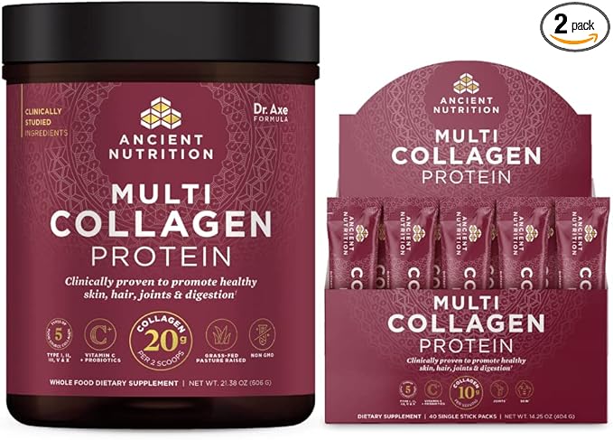 Ancient Nutrition Multi Collagen Protein Powder Unflavored 60 Servings + Multi Collagen Protein Powder Stick Packs Unflavored 40 Packs
