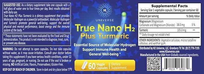 True Nano H2 with Turmeric by H2 Universe | Molecular Hydrogen with Active Hydrogen Nanobubbles Boosts Energy Powerful Antioxidant| 60 Capsules