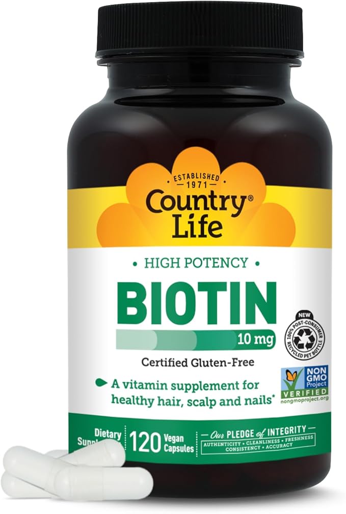 Country Life High-Potency Biotin 10mg - Vegan &amp Gluten-Free Biotin Supplement for Skin &amp Nails Energy Metabolism - Biotin 10000mcg Capsules