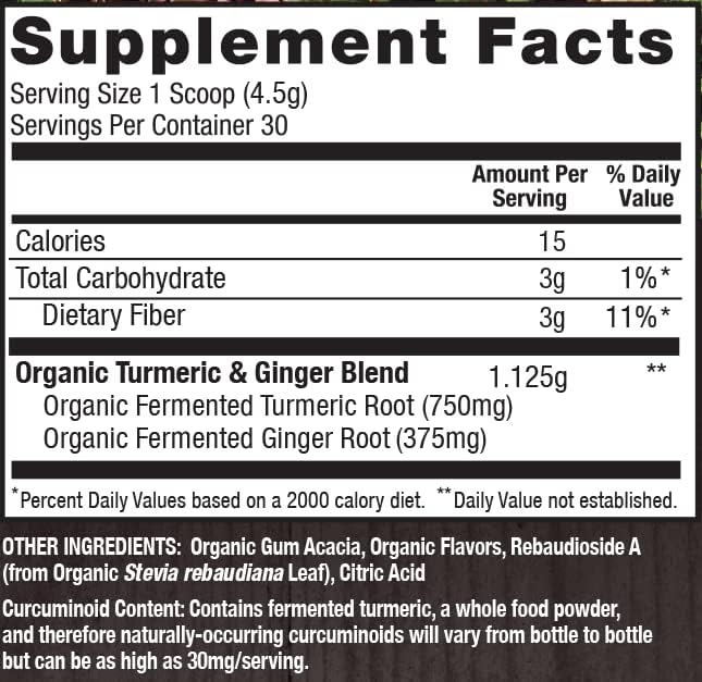 PlantFusion Turmeric and Ginger Drink Mix - Fermented Whole Food Nutrition Herbal Supplement Powder with Curcuminoids - USDA Certified Organic Non-GMO Vegan Gluten-Free 4.76 oz 30 Servings