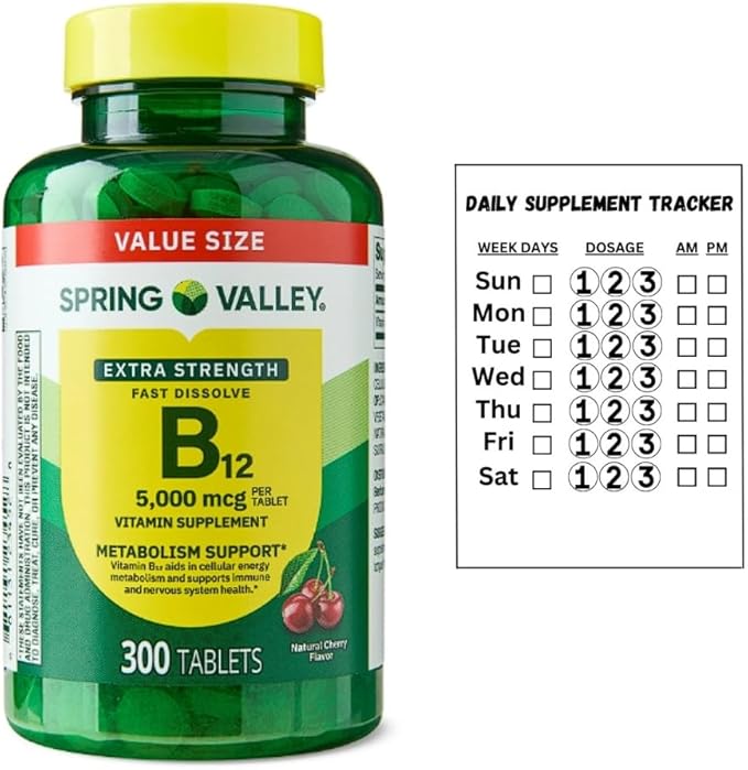 Vitamin B12 Supplement Extra Strength 5000 mcg 300 Count Cherry Fast Dissolve Tablets for Metabolism Support + Daily Supplement Tracker Sticker