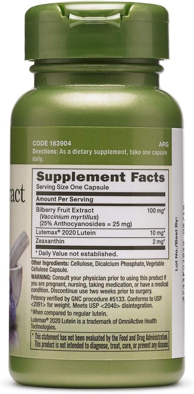 GNC Herbal Plus Bilberry Extract and Lutein Supplement Vegetarian Supports Eye and Vision Health 60 Servings