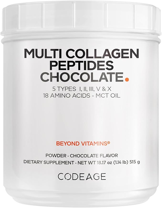 Codeage Multi Collagen Chocolate Protein Powder - Hydrolyzed Bovine Collagen Peptides 5 Collagen Types &amp MCT Oil - Collagen Creamer Chocolate Collagen Peptides - Protein Shakes - Non-GMO - 18.17