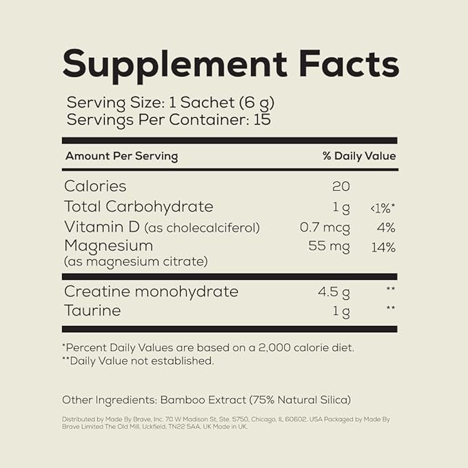 Ancient + Brave True Creatine+ Packets 15 x 6g Monohydrate Creatine Supplement with Taurine Magnesium and Vitamin D Supplement Womens Creatine Powder for Energy and Performance