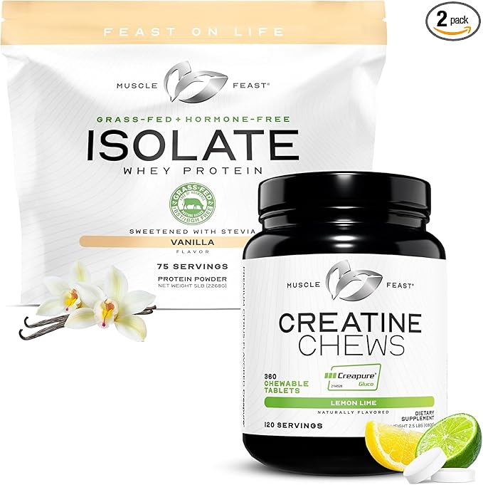 Muscle Feast Isolate + Creatine Candy Bundle: 1 Whey Protein Isolate (Vanilla 5lb) + 1 Creatine Candy (Lemon Lime 360) | Premium Supplements Vegetarian Gluten Free