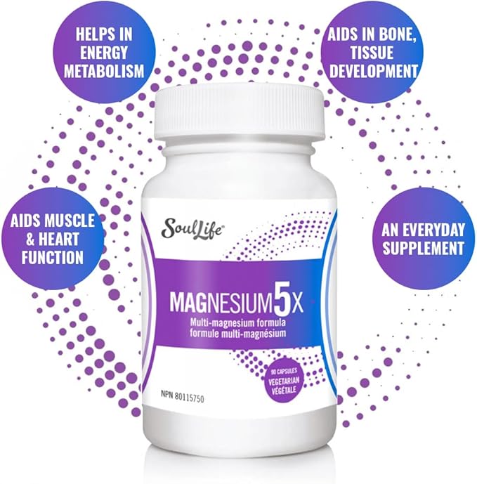 SoulLife Magnesium5X – 5-in-1 Magnesium Complex for Men &amp Women – Supports Muscle Function Relaxation Energy Production &amp Electrolyte Balance – 30 Servings / 90 Vegetarian Capsules