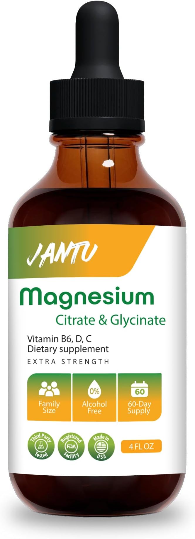 JANTU High‑Absorption Liquid Magnesium Citrate &amp Glycinate with Vitamins B6 D3 C &amp Potassium – Alcohol‑Free Glycerin‑Based Vegan 60‑Day Supply – 4 oz