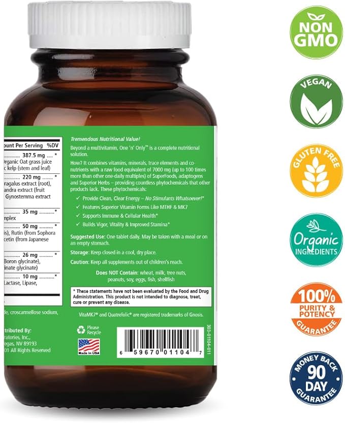 One n Only Whole Food Multivitamin by Pure Essence - Super Energetic Once a Day with Superfoods Minerals Enzymes Vitamin D D3 B12 Biotin - 90 Tablets