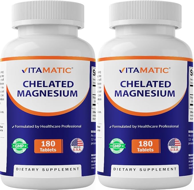 Vitamatic Chelated Magnesium 300mg (Per 1 Tablet) - Supports Muscle Nerve and Heart Health - Non-GMO Vegan Gluten Free Dairy Free &amp Made in The USA - 2 Pack