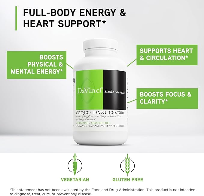 DAVINCI Labs CoQ10 - DMG 300/300 - Supports Heart Health and Energy Function - Dietary Supplement with Coenzyme Q10 &amp Vitamin E - Vegetarian - Gluten-Free - 60 Orange Flavored Chewable Tablets