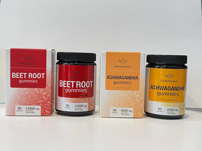 HERBAMAMA Beet Root and Ashwagandha Kit - Bundle of 12000 mg Beet Root with Black Pepper &amp 2000 mg Ashwagandha Root Gummies - Vegan Gelatin-Free Non-GMO