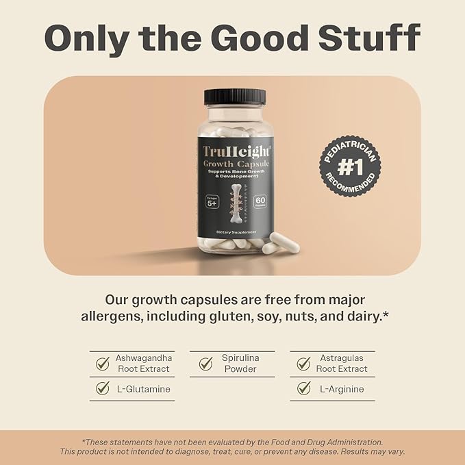 TruHeight Growth Capsules - Tall Nutrition for Natural Growth Supplement for Kids &amp Teens - Pediatric Vitamin D K Calcium &amp Ashwagandha - Bone Strength - Kids Vitamins D3 K2 Pills Taller Ag