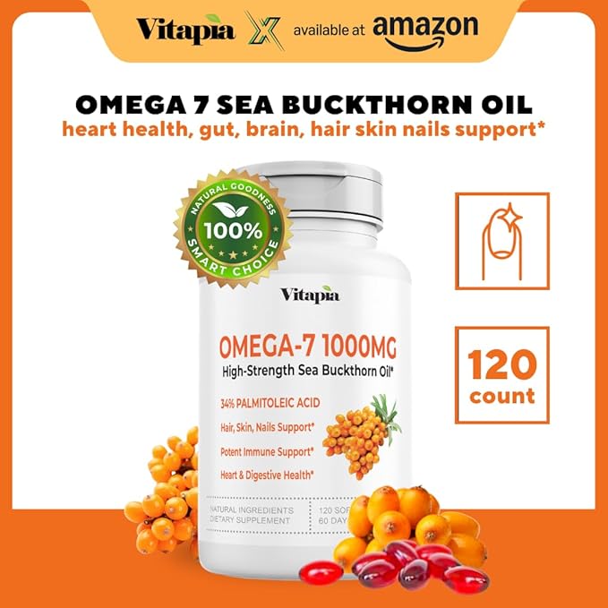 Omega 7 Sea Buckthorn Berry Oil 1000mg for Hair Skin Nails Heart Health Support - 34% Palmitoleic Acid &amp Natural Omega 3 6 9 Fatty Acids Supplement - 120 Capsules Non-GMO Gluten-Free
