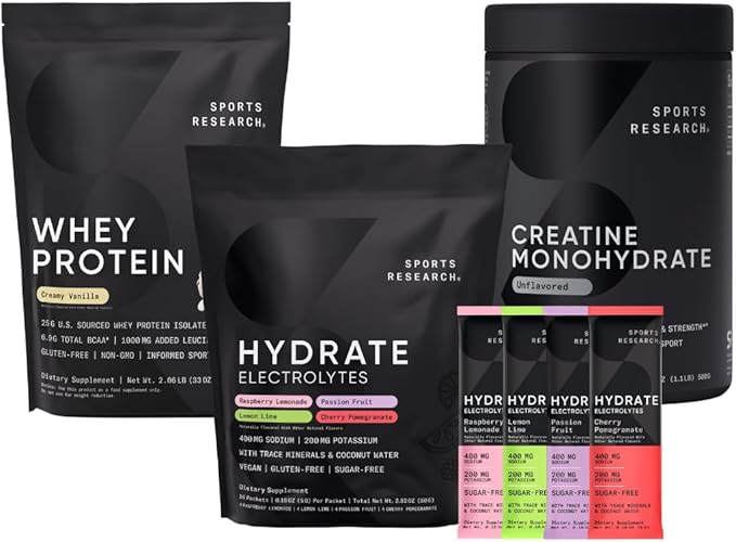 Sports Research Whey Protein Isolate Vanilla Flavored (2.1 lb) Variety Pack Hydrate Electrolytes Powder Packets (16 Count) and Creatine Monohydrate (1.1 lb)