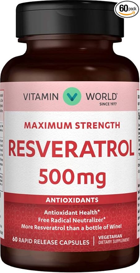 Vitamin World Resveratrol 500 mg. 60 Capsules Maximum Strength Antioxidant Support Rapid-Release Vegetarian Gluten Free