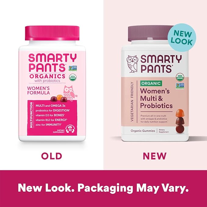 SmartyPants Organic Women's and Toddler Multivitamin Gummies with Probiotics Omega 3 Vitamins D3 B12 C A K Zinc and More Gluten Free 120 and 60 Count