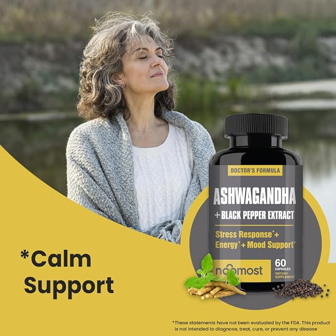 NooMost Ashwagandha Root Extract 15:1 with Black Pepper for Better Absorption - 60 Capsules - Natural Stress Energy Focus &amp Sleep Support - Adaptogen Supplement for Men &amp Women - Made in USA