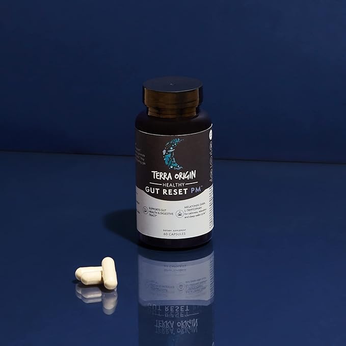 TERRA ORIGIN Healthy Gut Reset PM | 60 Veggie Capsules | Natural Sleep Aid Supplement for Sleep &amp Wake Cycles | GABA L-Theanine Melatonin L-Glutamine Licorice Root Slippery Elm Root