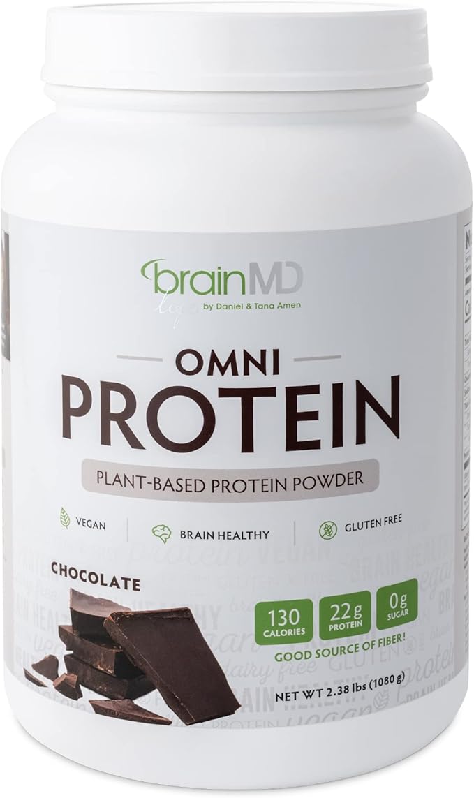 BRAINMD Dr Amen Omni Protein Chocolate - 2.38 lbs - Plant-Based Protein Powder - Promotes Energy &amp Exercise Recovery - Vegan Vegetarian Sugar Free Gluten Free - 30 Servings