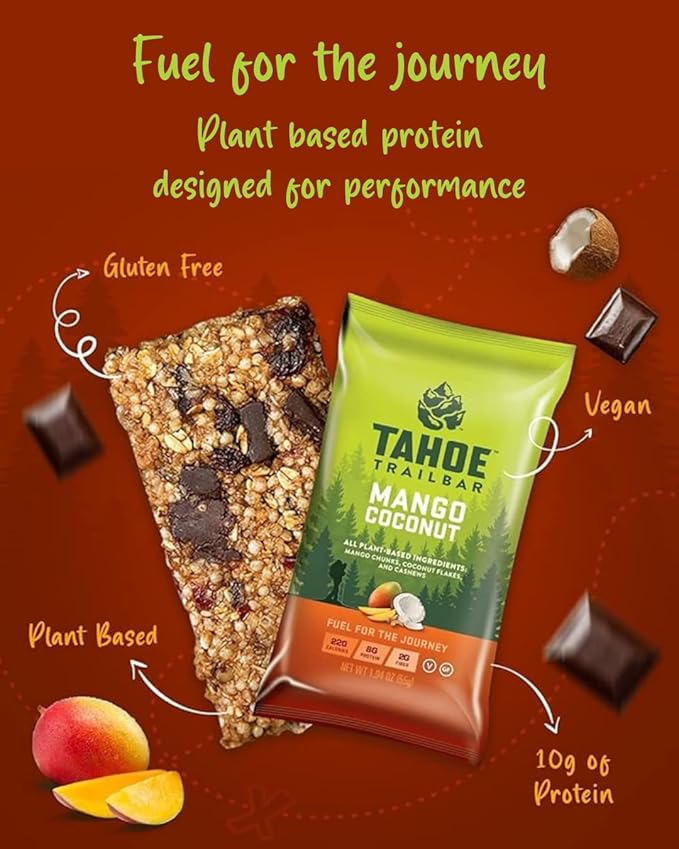 Tahoe Trail Bar Plant-Based Natural Energy Bar (1.94 Ounce Protein Bar 12 Count) High Protein Non-GMO Gluten-Free Vegan Healthy Snacks - Mango Coconut
