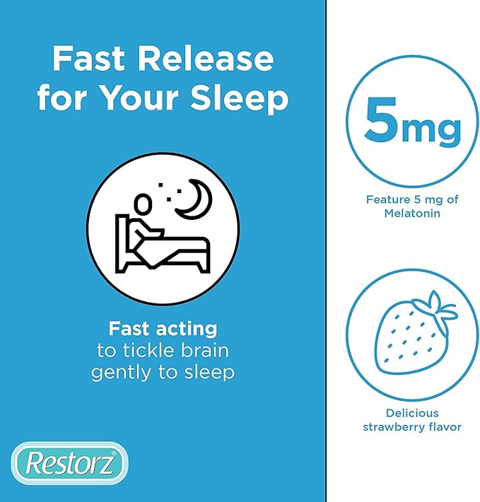 Restorz Restful Sleep Melatonin Gummies 5mg 5mg Melatonin Gummy Supplement to Support a Healthy Sleep Cycle Strawberry Flavor (2 Month Supply of 120 Gummies - 12 Packs 10 per Pouch)