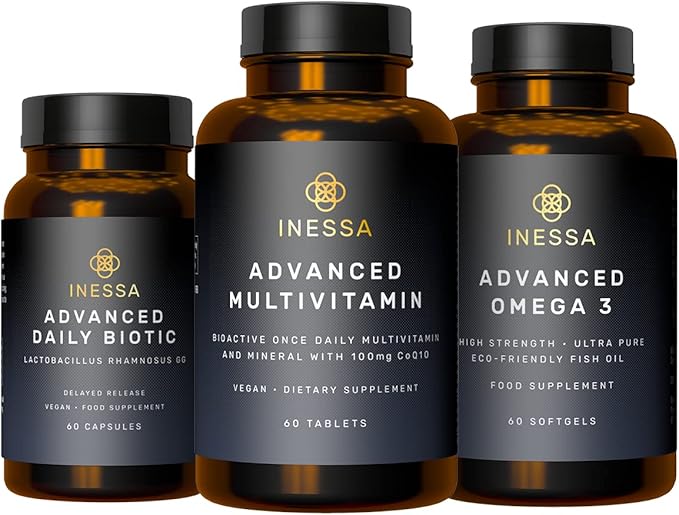 Inessa Essential Wellness Bundle | Multivitamin Probiotic &amp Omega 3 Produced to a Clinical Grade for Optimal Wellness for Men and Woman