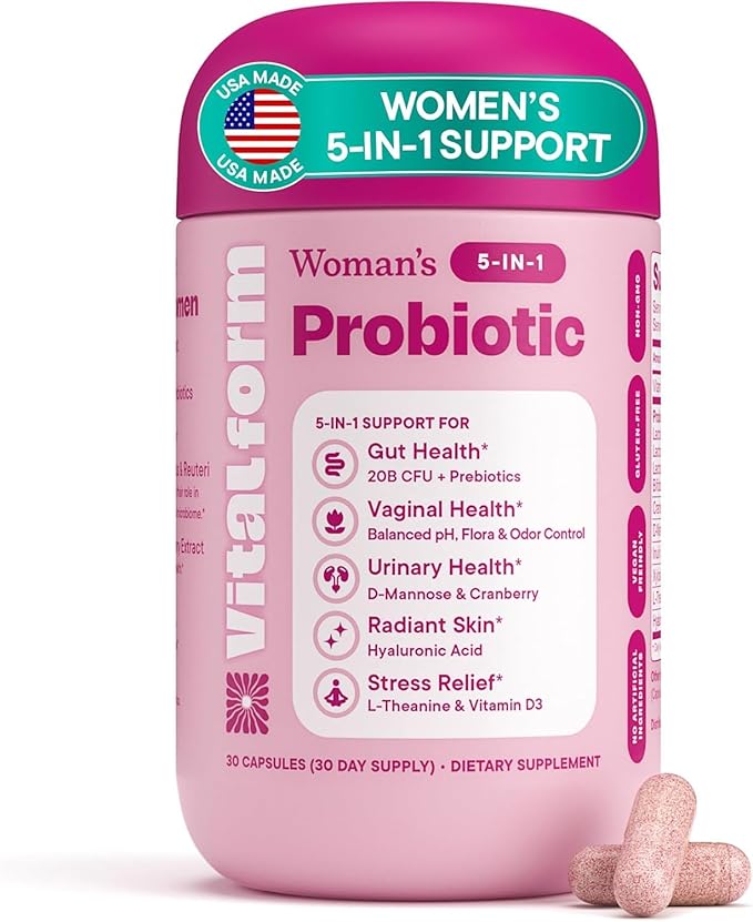 Women’s Probiotic 20 Billion CFU – 5-in-1 Daily Support for Digestive Vaginal &amp Urinary Health – with Cranberry D-Mannose Prebiotics &amp Hyaluronic Acid – 30 Capsules