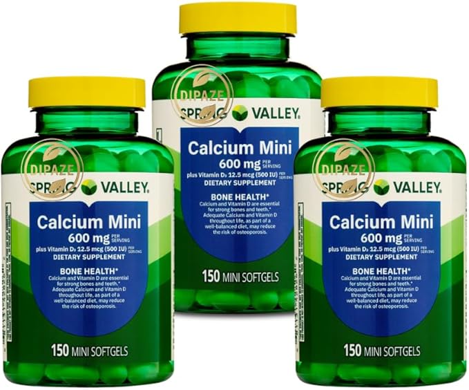 750 softgels| 3X Pack of 150 softgel | Spring Valley Calcium Plus with Vitamin D3 600 mg | Mini Softgel Calcium Supplement | Bundle | Dipaze Gift (Container)