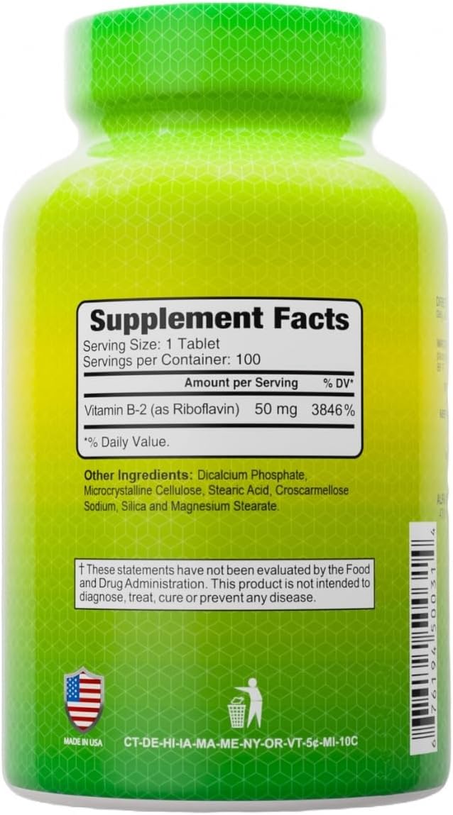 ALFA VITAMINS Vitamin B2 (Riboflavin) 50mg Supplement Supports Energy Production Skin Eyes &amp Cognitive Health Non GMO Gluten Free Dietary Supplement for Daily Health and Well-Being 100 Table