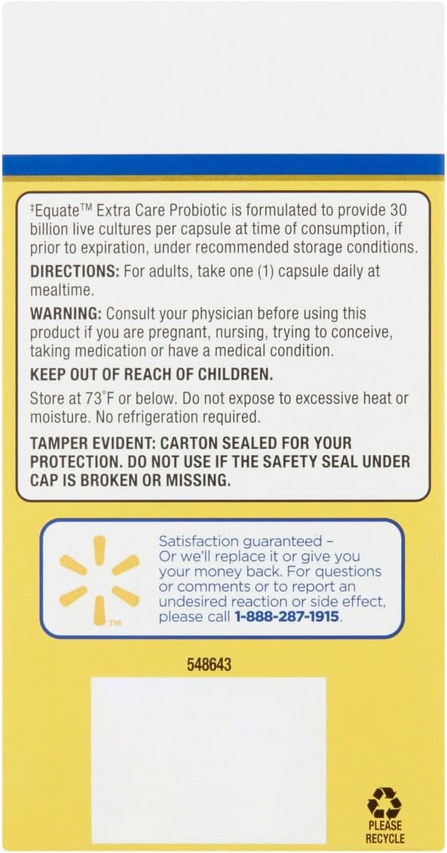 Equate Extra Care Probiotic Delayed-Release Capsules 30 Billion CFU 10 Strains 50 Count Sticker