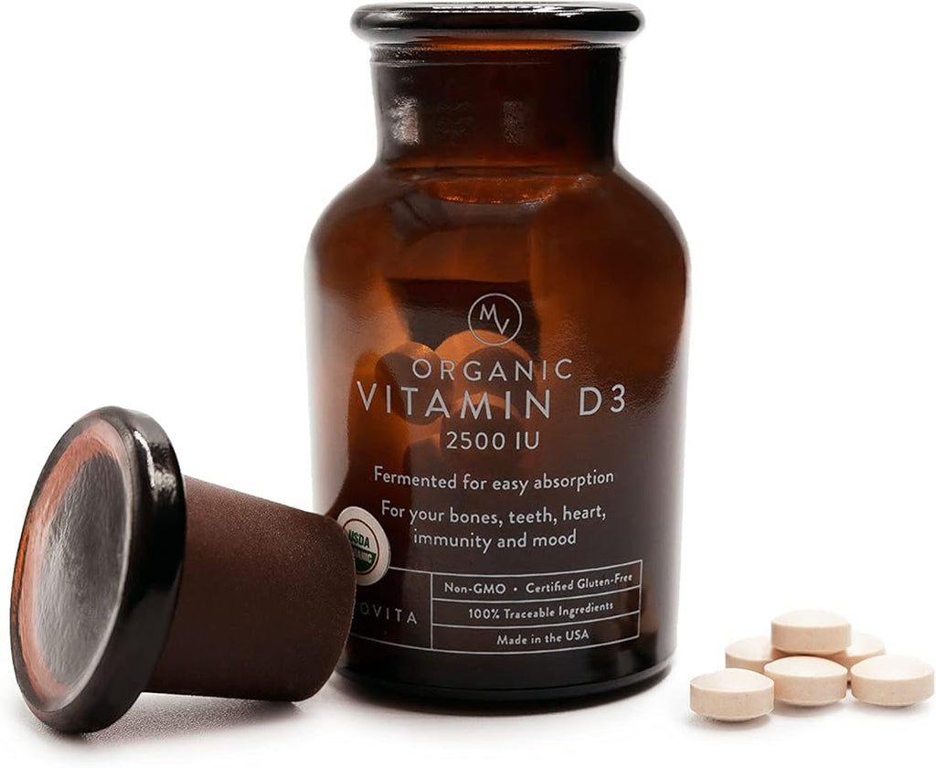 Movita Certified Organic Vitamin D3 2500IU – Supports Energy Immune Health &amp Bone Strength – Fermented Whole Foods Organic Vegan Gluten-Free Non-GMO – 30-Day Supply (Glass Bottle)