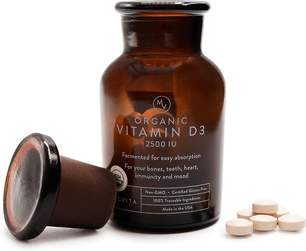 Movita Certified Organic Vitamin D3 2500IU – Supports Energy Immune Health &amp Bone Strength – Fermented Whole Foods Organic Vegan Gluten-Free Non-GMO – 30-Day Supply (Glass Bottle)