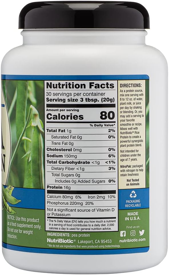 NutriBiotic Pea Protein Plain 21 Oz | Low Carb Vegan Plant Protein Powder | 100% Grown &amp Processed in The USA | Deliciously Creamy &amp BCAA-Rich | Made Without Chemicals GMOs &amp Gluten | Ke