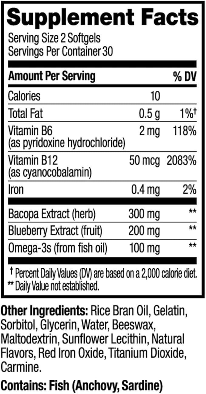OLLY Ultra Strength Brain Softgels Nootropic Supports Healthy Brain Function Memory Focus and Concentration Omega-3s Vitamins B6 and B12 30 Day Supply - 60 Count