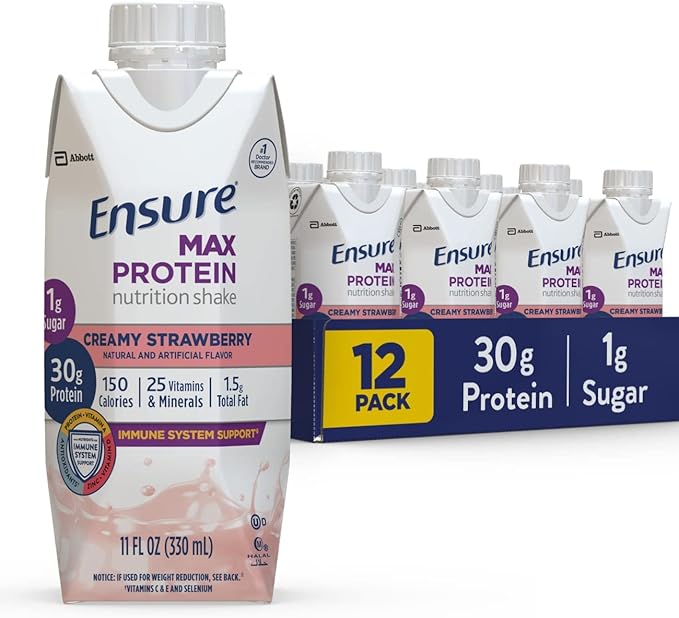 Ensure Max Protein Nutrition Shake with 30g of Protein &amp Max Protein Nutrition Shake with 30g of Protein 1g of Sugar High Protein Shake Creamy Strawberry 11 fl oz (Pack of 12)