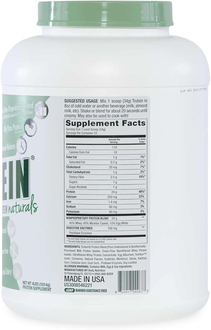 Body Nutrition Trutein Naturals Whey Casein &amp Egg White Protein Powder Without Artificial Sweeteners Gluten-Free Keto Protein Powder Post-Workout Meal Replacement Shake Cinnabun 4 lb