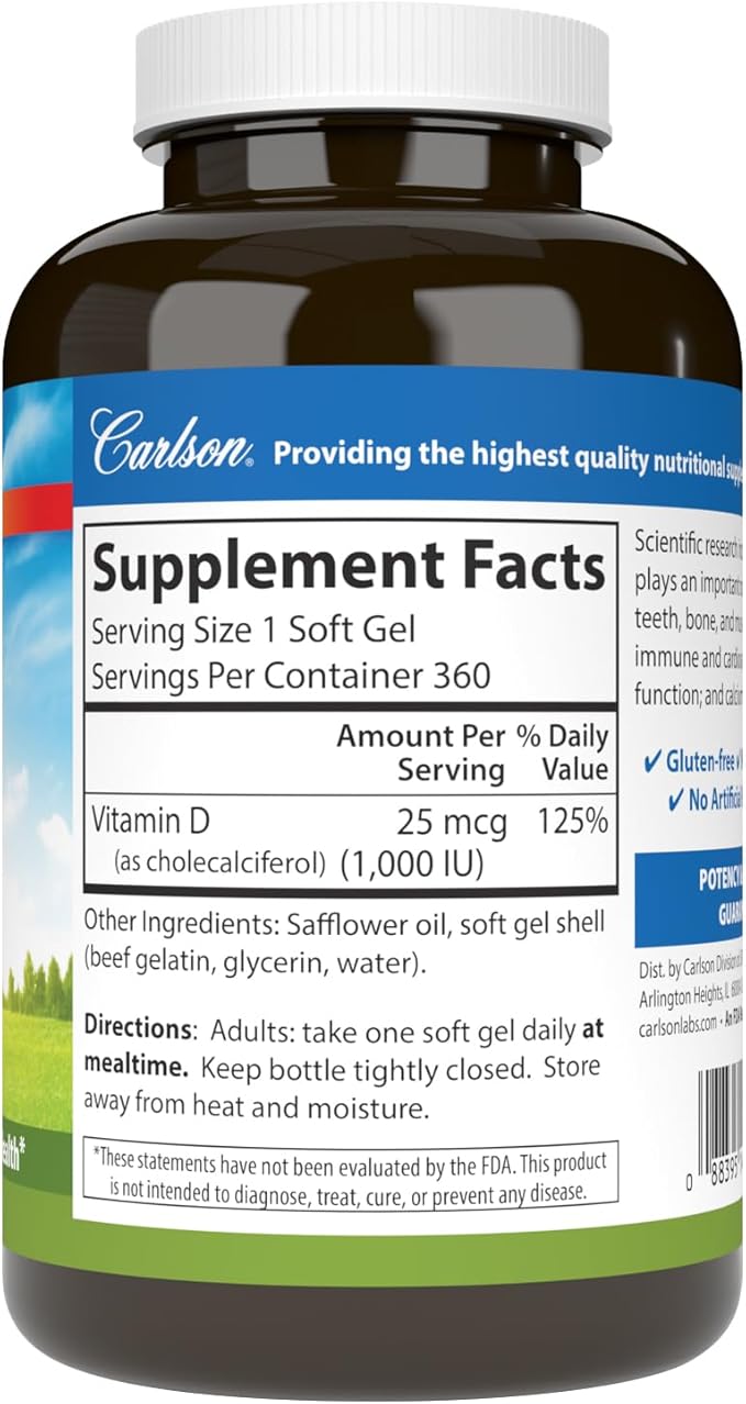 Carlson - Vitamin D3 1000 IU (25 mcg) Bone Health Muscle Health Cholecalciferol Vitamin D Supplements Vitamin D3 Soft Gels 360 Softgels