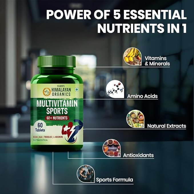 Himalayan Organics Organics Multivitamin Sports with 60+ Nutrients | Vitamin B1B2B3B5B6B12AECDKBiotinCalciumZinc | Good for Brain Eye Muscle &amp Joint Care - 60 Veg Tablets