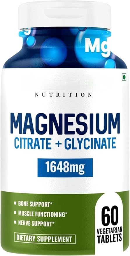 Magnesium Citrate + Glycinate 1648 mg Supplement for Men and Women - 60 Veg Tablets