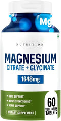 Magnesium Citrate + Glycinate 1648 mg Supplement for Men and Women - 60 Veg Tablets