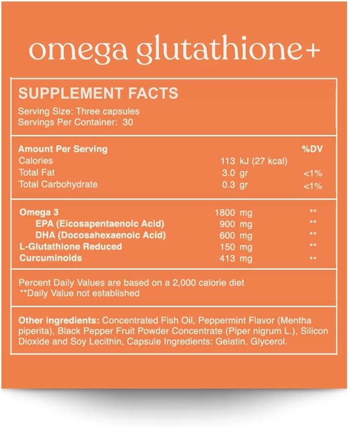 Omega GLUTATHIONE+ | Omega-3 Fish Oil (EPA &amp DHA) Glutathione &amp Curcumin | Supports Heart Brain Liver Immune Health &amp Antioxidant Protection | 90 Capsules