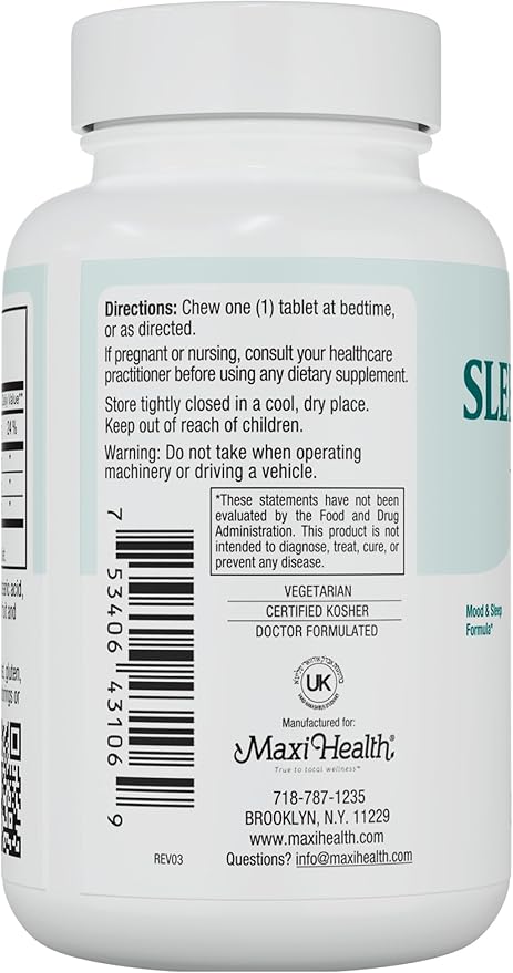 Maxi Health Sleep-O-Chew Strawberry Chewable Tablets with Magnesium Inositol L-Tryptophan 3mg Melatonin for Sleep Support - Non Habit Forming Sleep Aid for Adults Kosher Sleep Supplement 60 Count