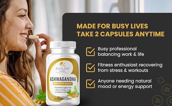 Biolen Labs Ashwagandha Extra Strength with Black Pepper 1300mg 60 Capsules Natural Stress Relief Mood Support Energy Supplement