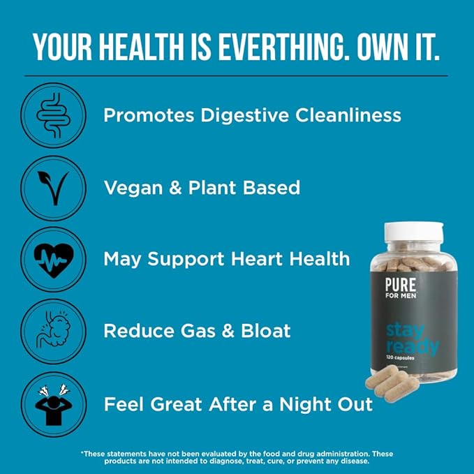 Pure for Men Original Vegan Cleanliness Fiber Supplement 120 Capsules Eco-Responsible Stay Ready Wipes with Micellar and Aloe (48 Count)