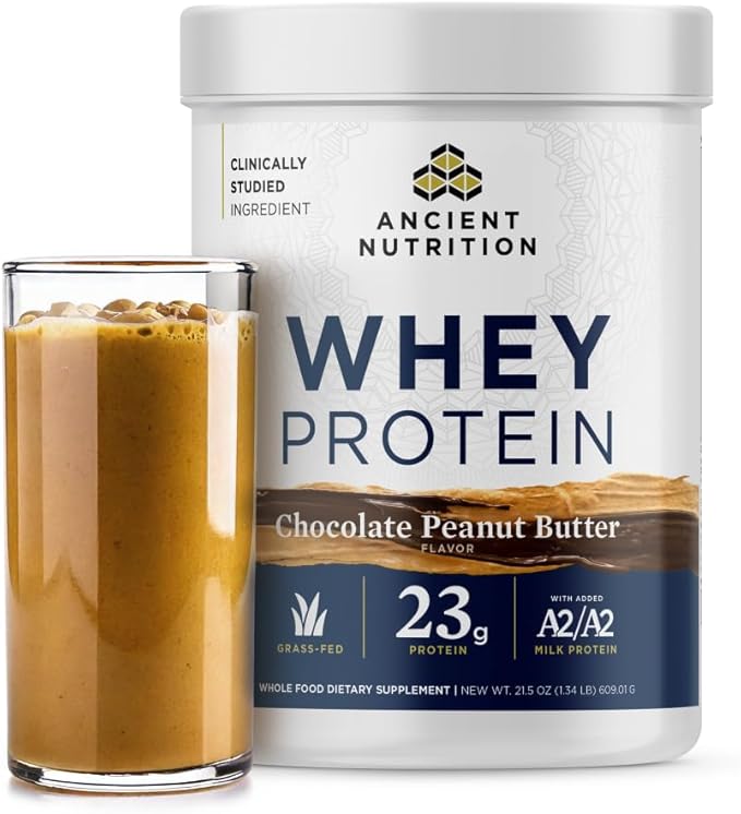 Ancient Nutrition Grass Fed Whey Protein Chocolate Peanut Butter 23g Protein 18 Servings Hydrolyzed Collagen Peptides Organic Regenerative A2/A2 Milk Protein