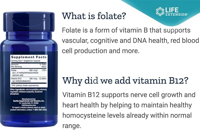 Life Extension BioActive Folate &amp Vitamin B12 150 Vegetarian Capsules (Pack of 2) Non GMO Gluten Free