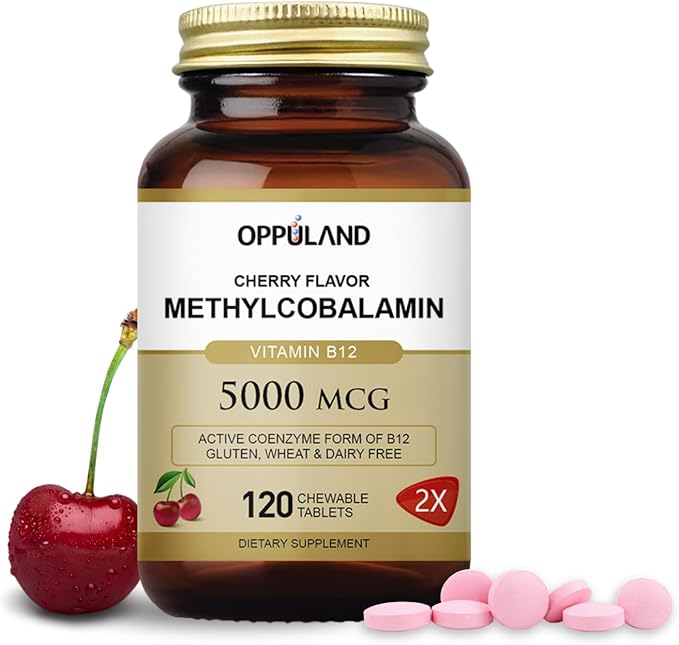 Methyl B-12 5000mcg Chewable with Folate - Vitamin B12 Methylcobalamin Sublingual Tablets - Supports Energy &amp Brain Function - Vegan Supplement - Cherry Flavor - 120 Count