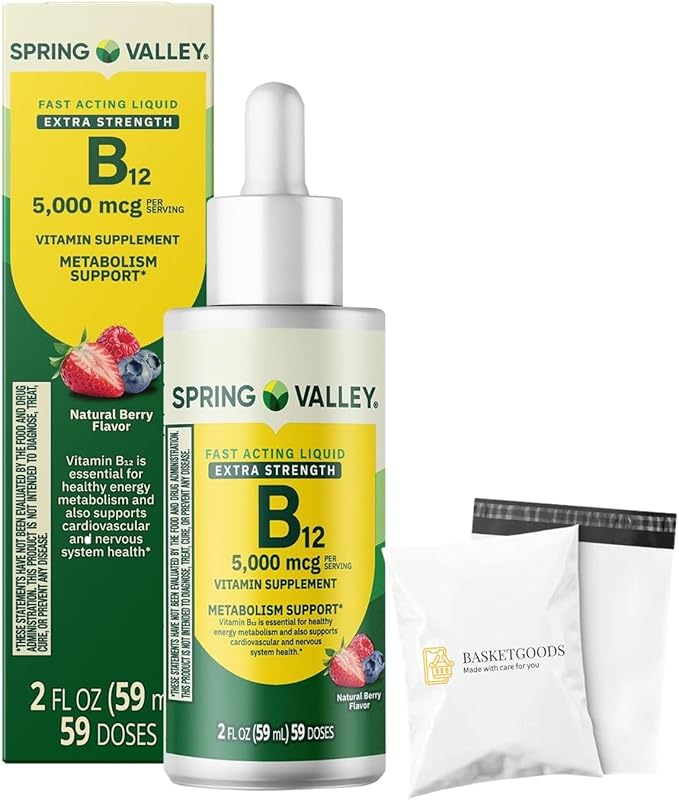 Liquid Vitamin B12 5000mcg Spring Valley Vitamin b12 Metabolism Supplement Berry Flavor 2 fl oz - Set by Basket Goods